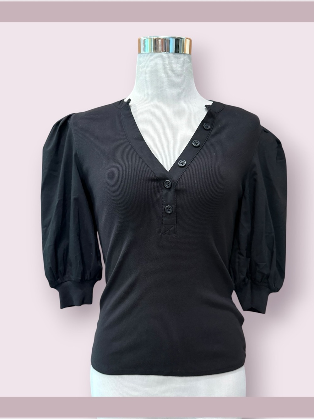 Ribbed V-Neck Poplin Puff Sleeve Henley Tee - Picture 2 of 5